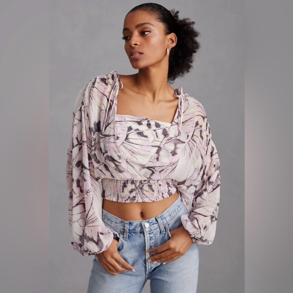 NWT Anthropologie Sheer Peasant Floral Long Sleeve Top, Purple Motif - Size XL